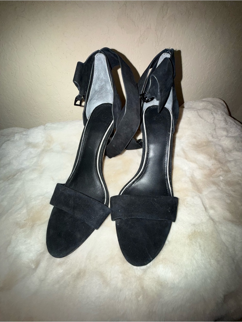 Women's Black Suede Open-Toe Ankle Strap Heels